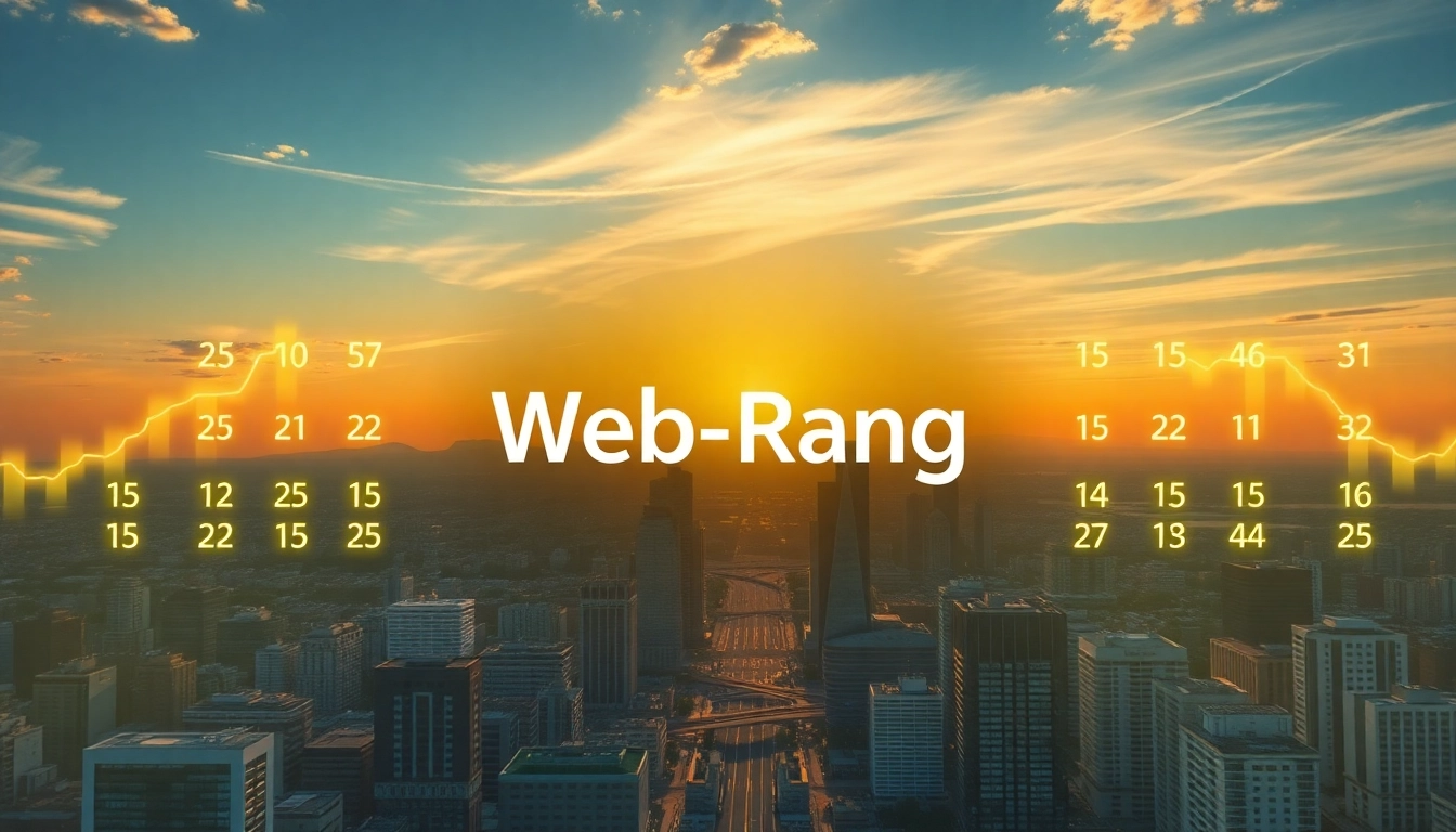 Visualisieren Sie den Web-Rang der Websites durch stilisierte Diagramme und eine inspirierende Stadtlandschaft im Hintergrund.