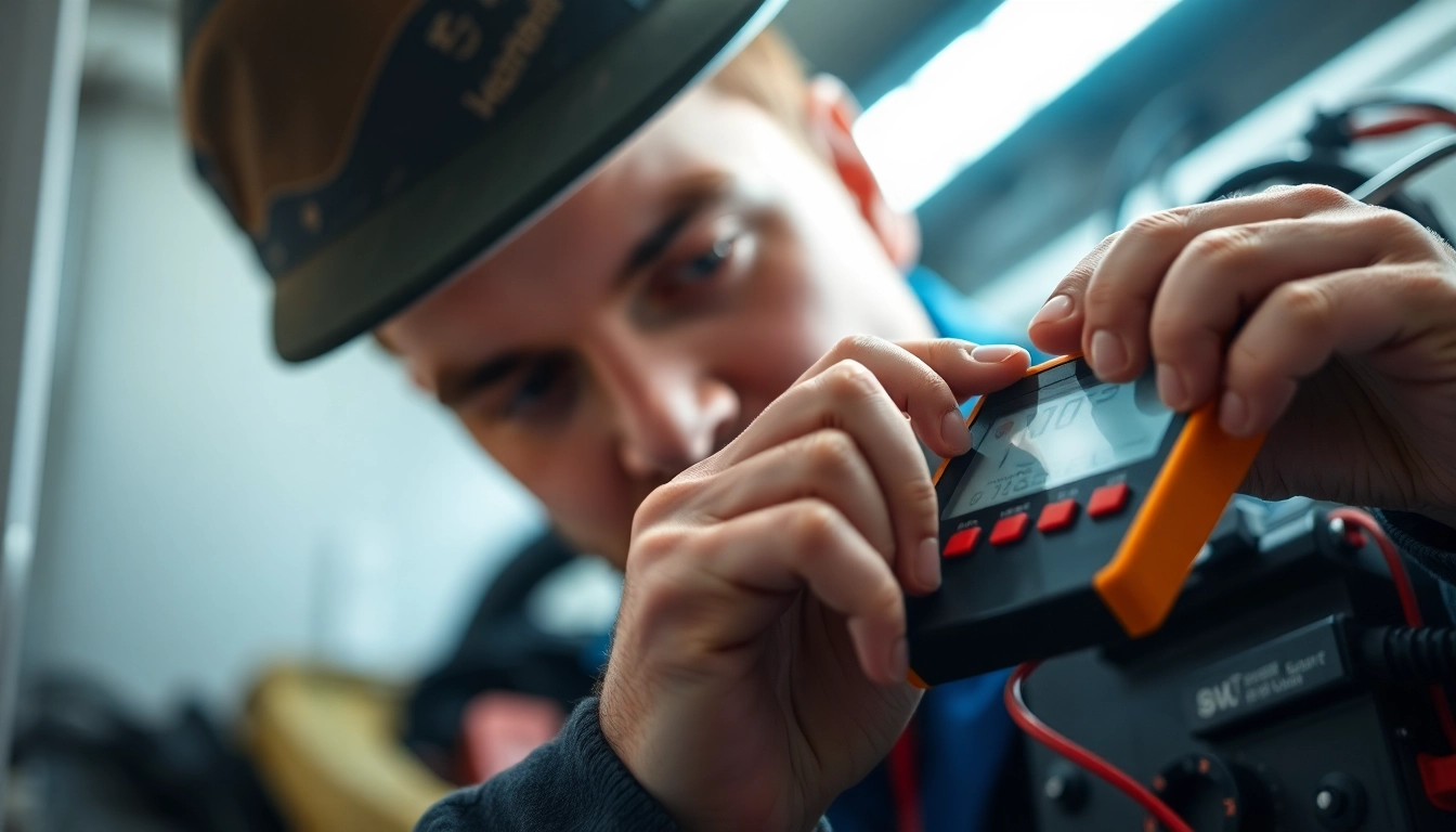 Technician performing a DGUV V3 Prüfung on electrical equipment, ensuring workplace safety through thorough inspection.