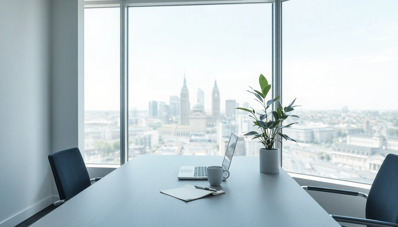 Headhunter München: Modernes Büro mit Sicht auf Münchener Skyline und Arbeitsplatzdetails.