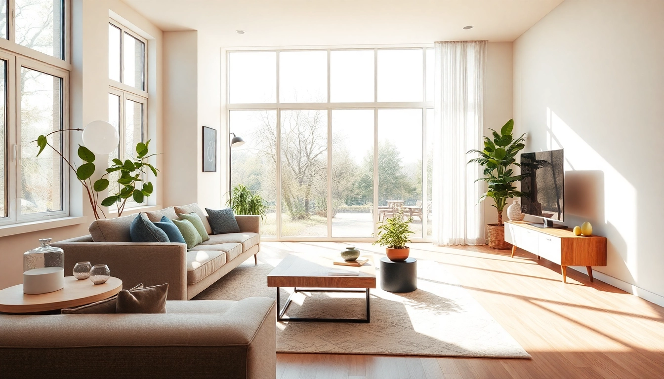 Raumgestaltung eines modernen Wohnzimmers mit eleganten Möbeln und warmem Licht.