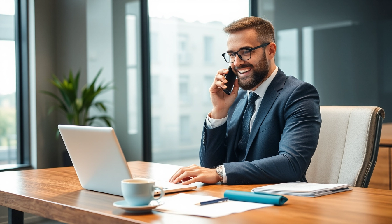 Headhunter Leverkusen im Büro, am Telefon mit einem Kunden, bietet professionelle Rekrutierungsdienste an.