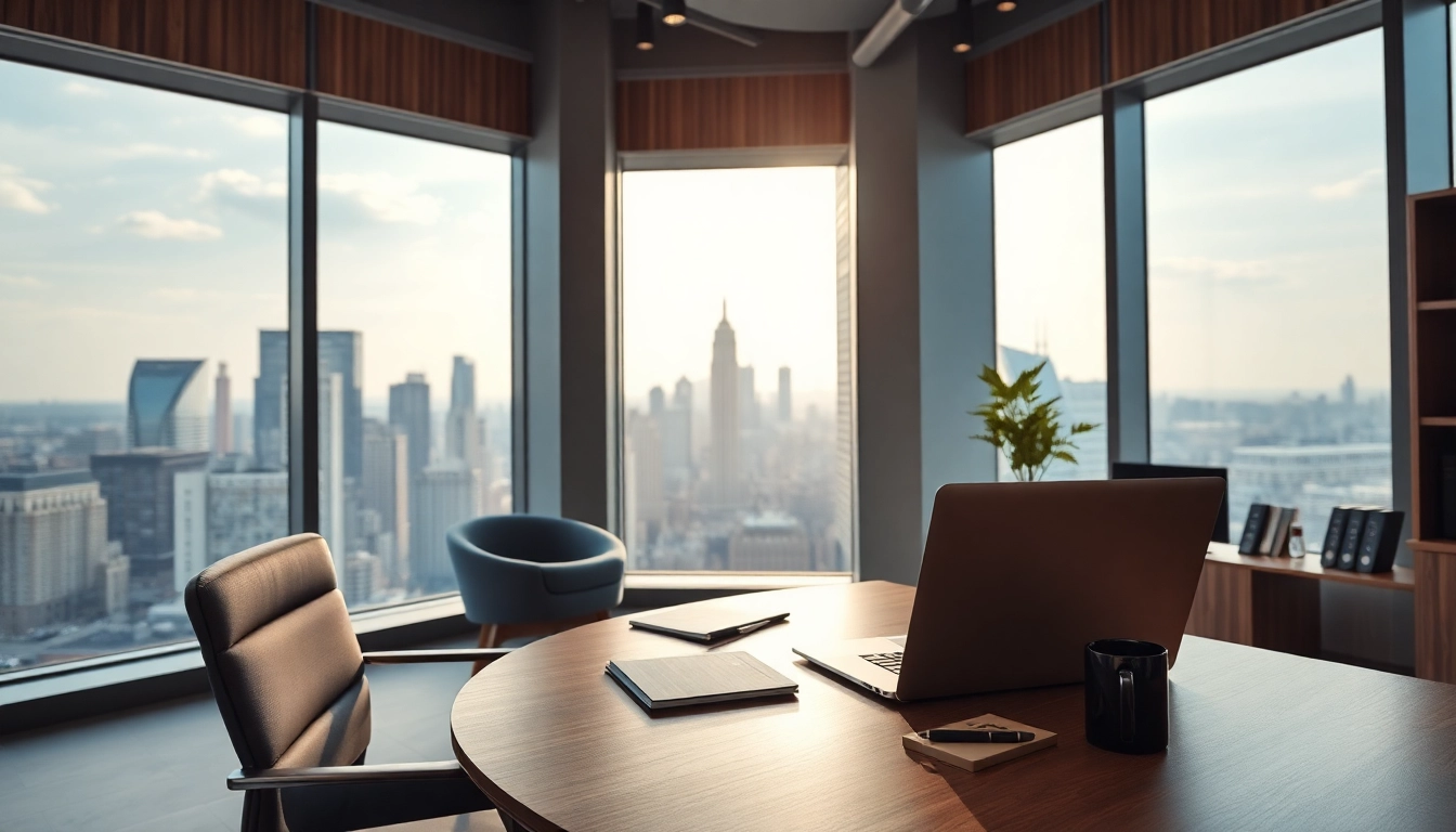Headhunter engaging in a professional office setting with a city view.