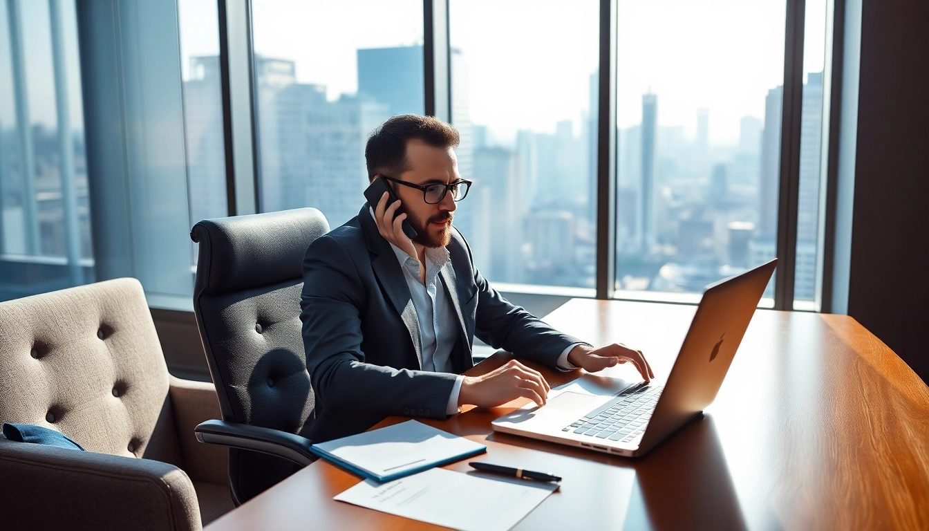 Headhunter führt ein Telefonat in einem modernen Büro mit urbanem Ausblick.