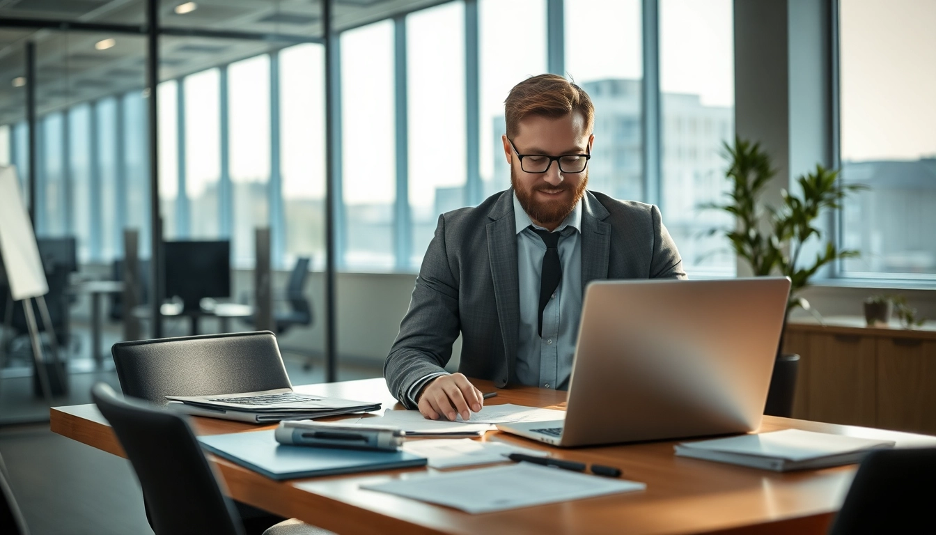 Headhunter Mühlheim bei der Arbeit am Laptop in modernem Büro, umgeben von Geschäftsdokumenten.