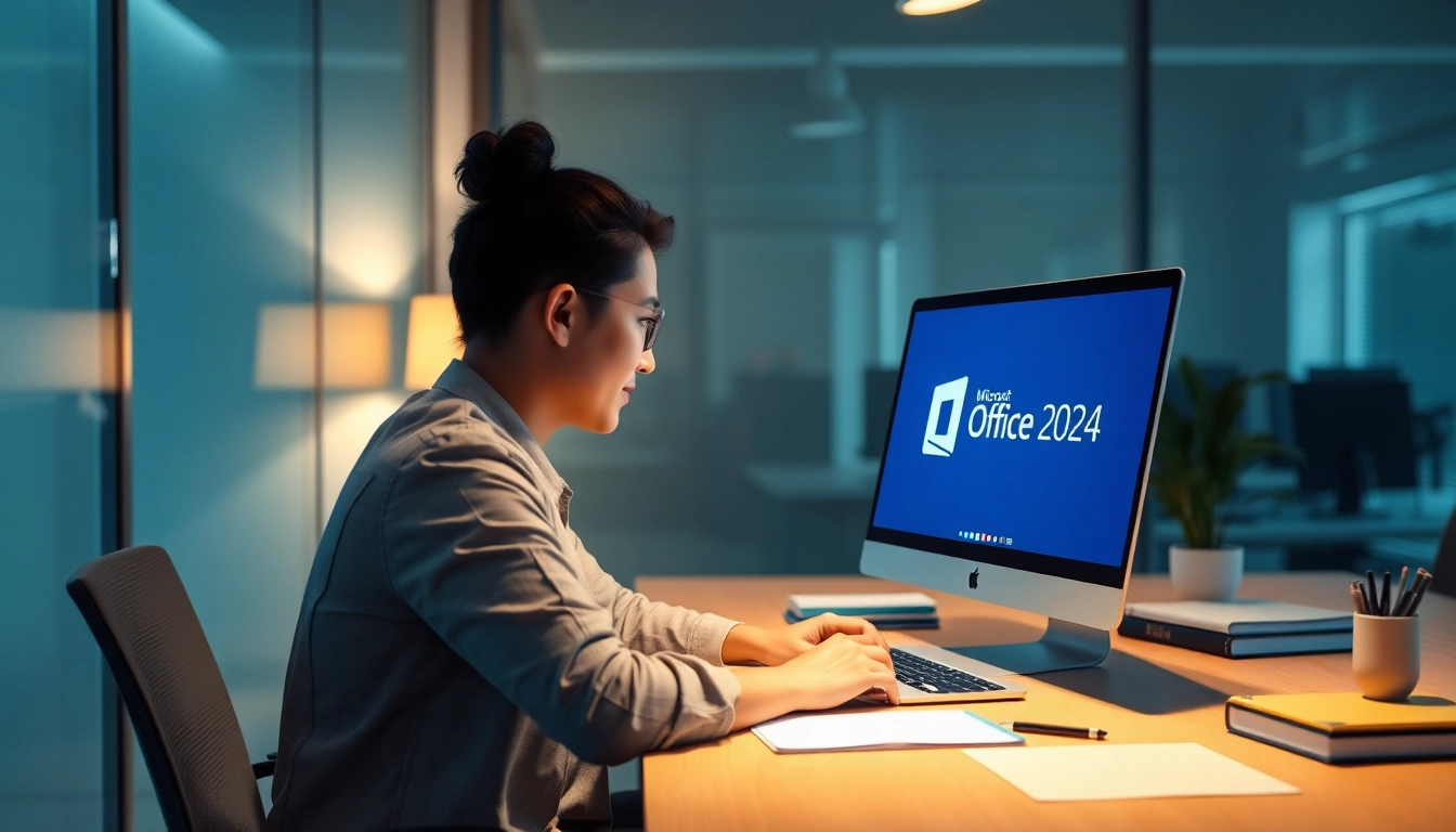 Nutzen Sie Microsoft Office 2024 Mac sofort lieferbar auf einem MacBook in einer modernen Büroumgebung.