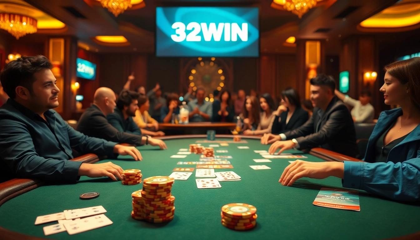 Experience top-tier gambling action at 32WIN with professional poker gameplay and luxurious casino settings.