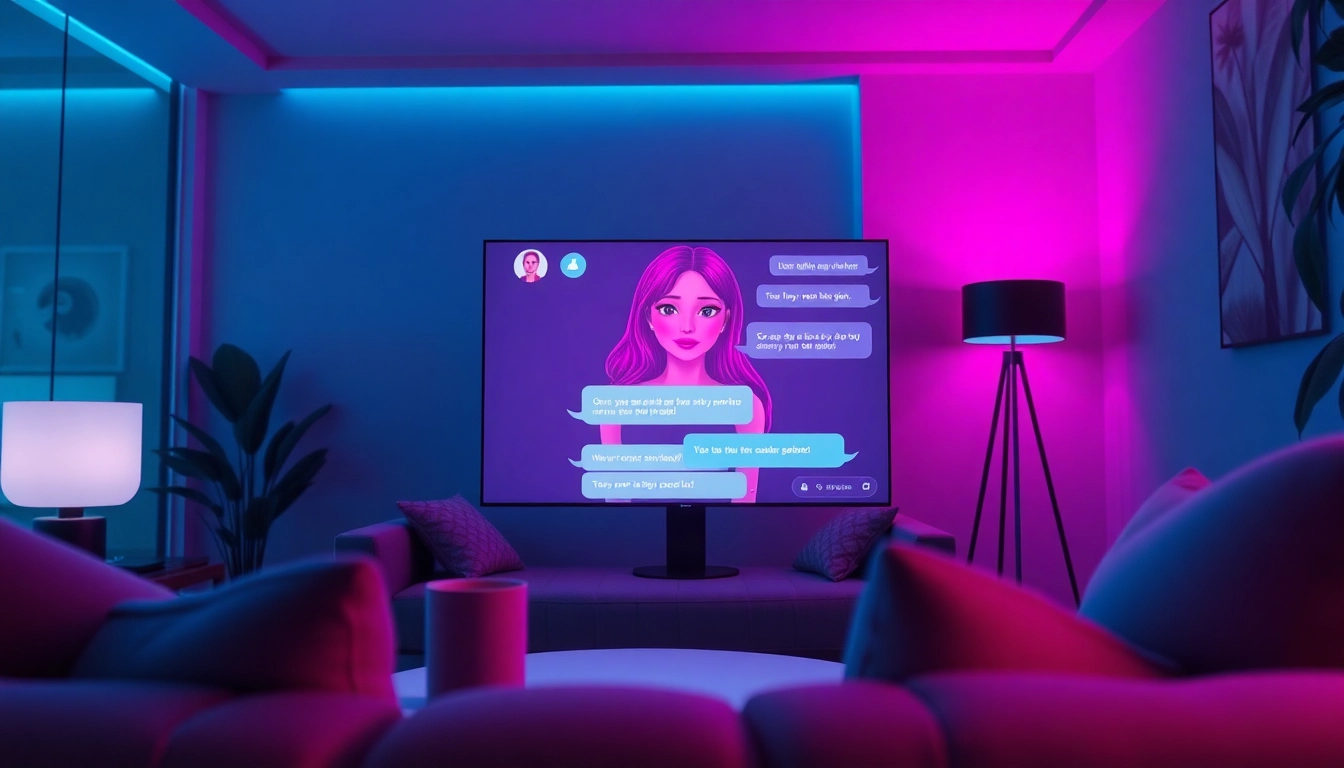 Engaging ai chat porn interface displaying a lively conversation with an AI girlfriend in a cozy setting.