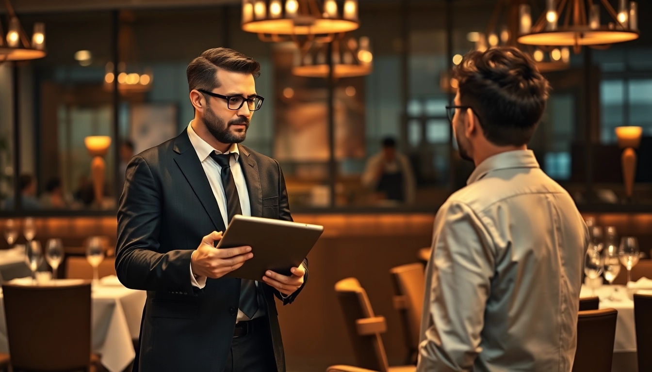 Headhunter Gastronomie diskutiert mit Bewerber in elegantem Restaurant