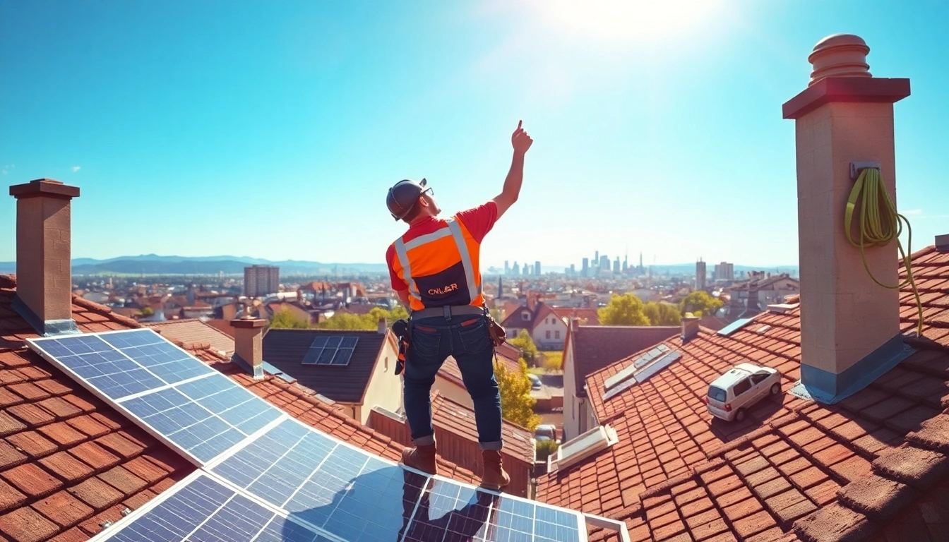 PV Anlagen Wien sichtbar in einem Wohngebiet mit einem Techniker, der Solarpanels anpasst.